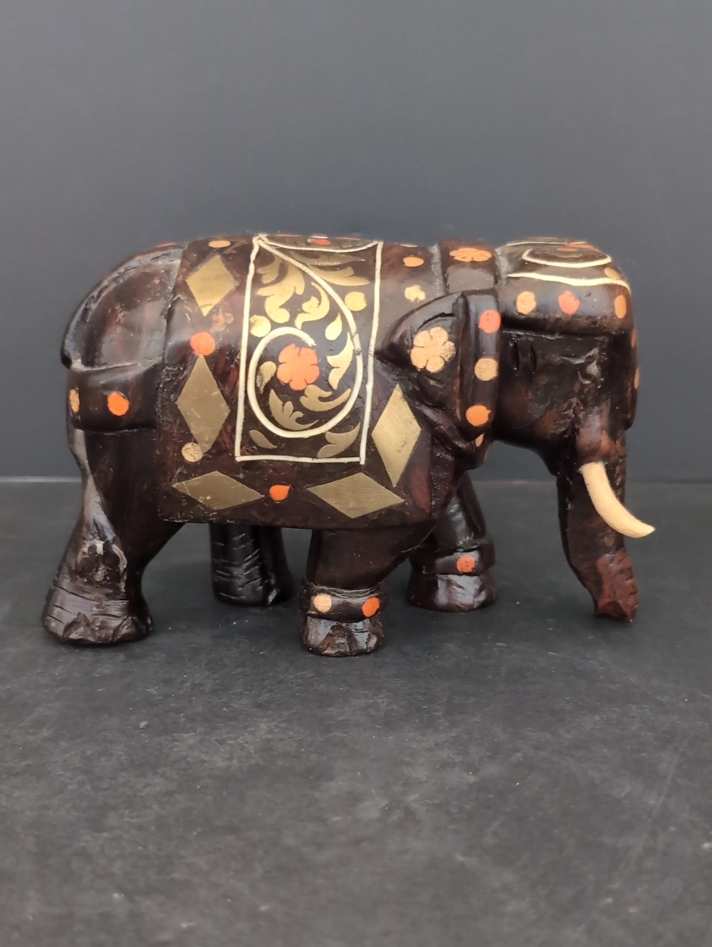 VGT, Handcarved Wooden Elephant with Decorative Inlay Design.